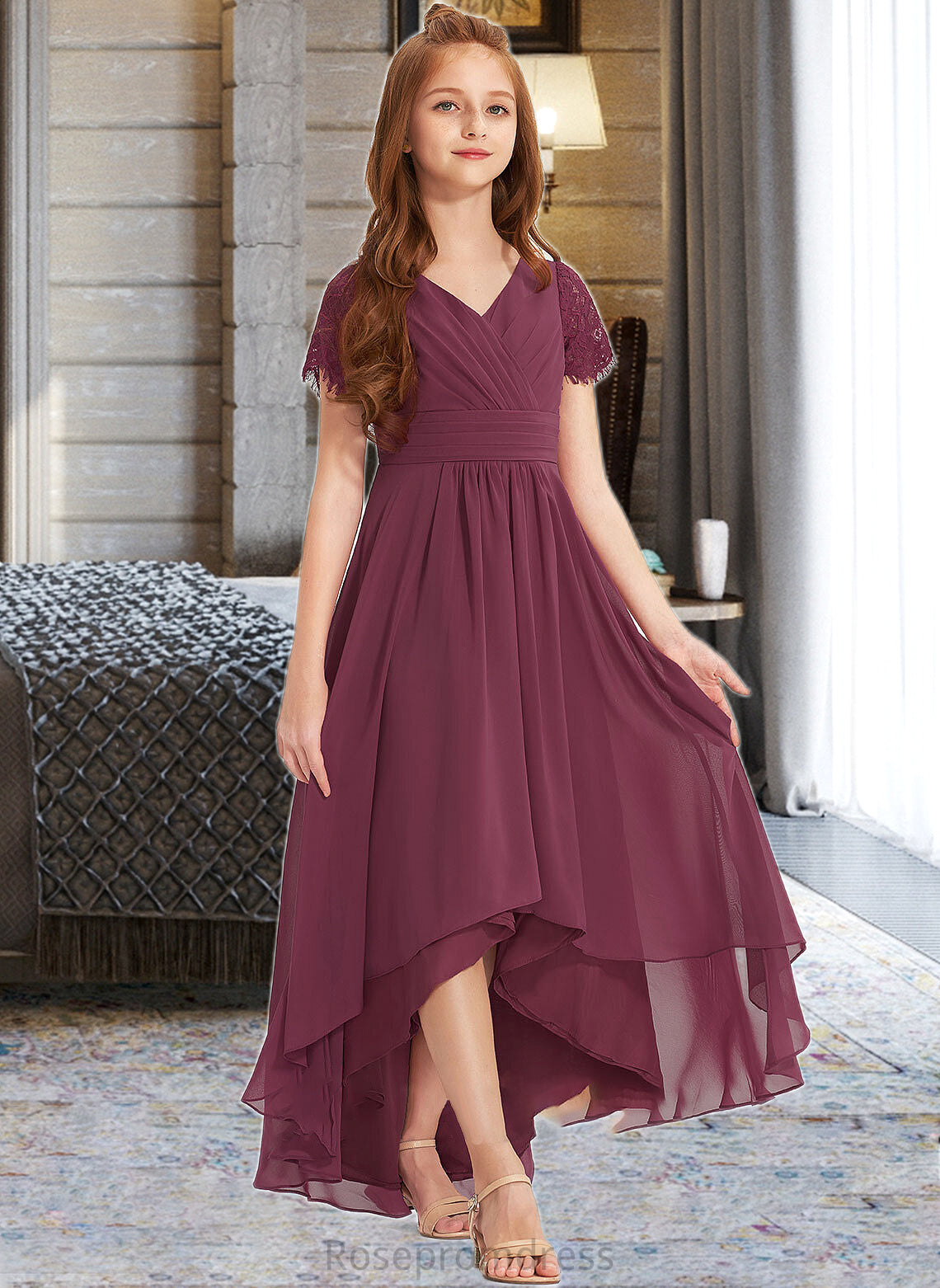 Kyla A-Line V-neck Asymmetrical Chiffon Lace Junior Bridesmaid Dress With Ruffle SRSP0013453