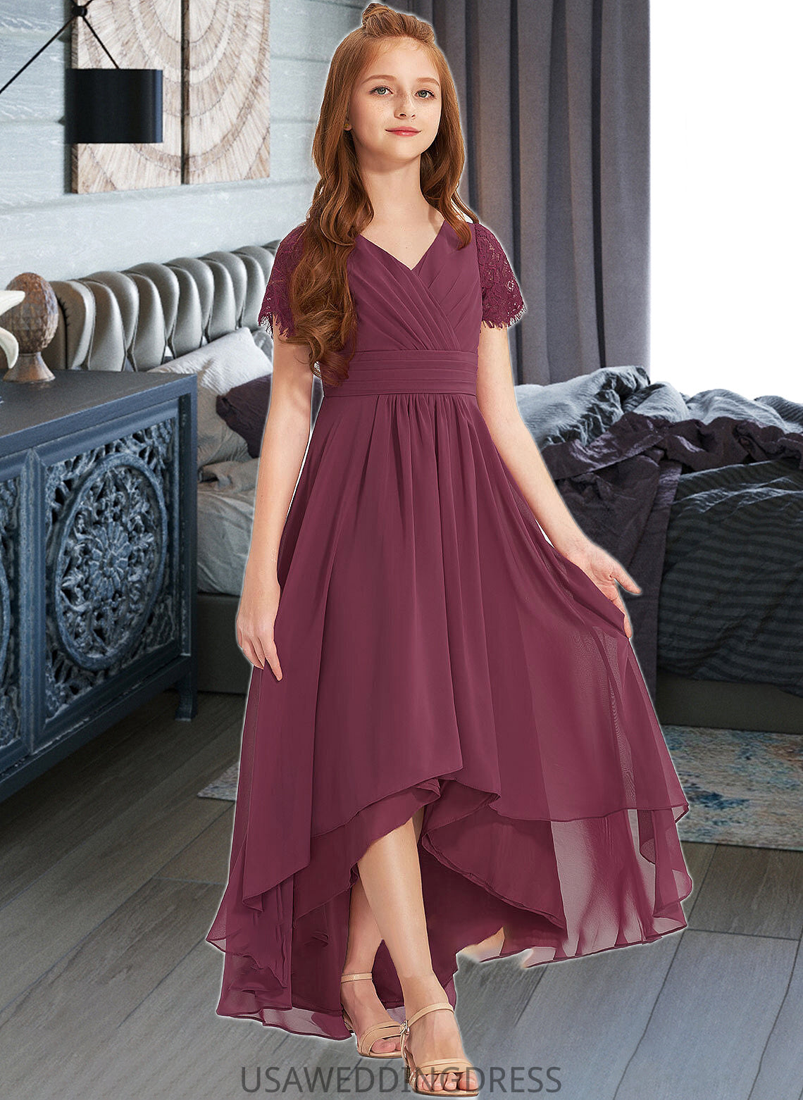 Gertie A-Line V-neck Asymmetrical Chiffon Lace Junior Bridesmaid Dress With Ruffle DSP0013453