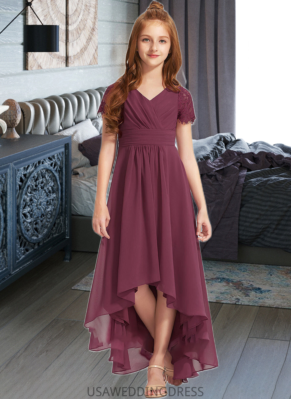 Gertie A-Line V-neck Asymmetrical Chiffon Lace Junior Bridesmaid Dress With Ruffle DSP0013453