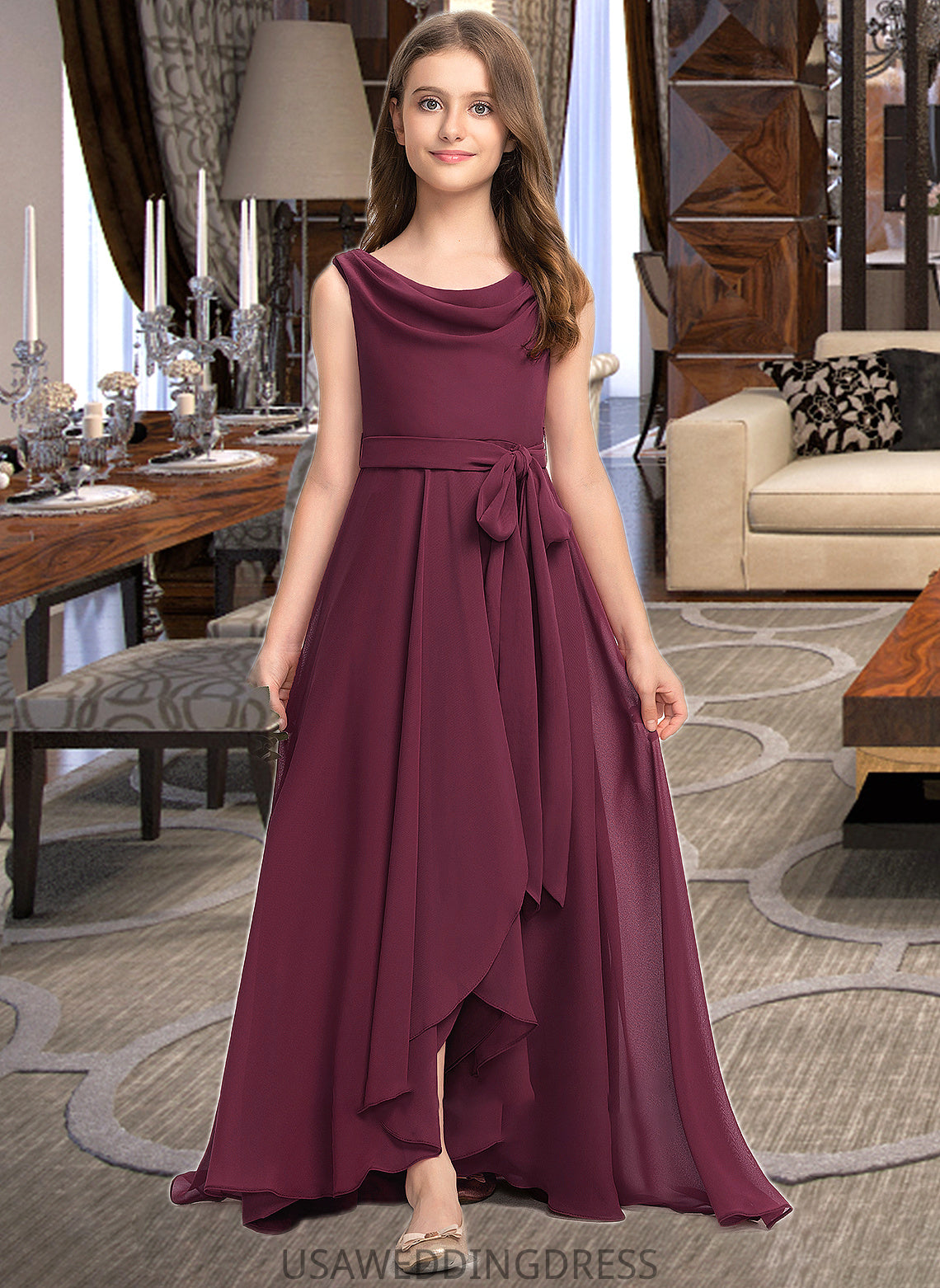 Annabel A-Line Cowl Neck Asymmetrical Chiffon Junior Bridesmaid Dress With Bow(s) DSP0013454