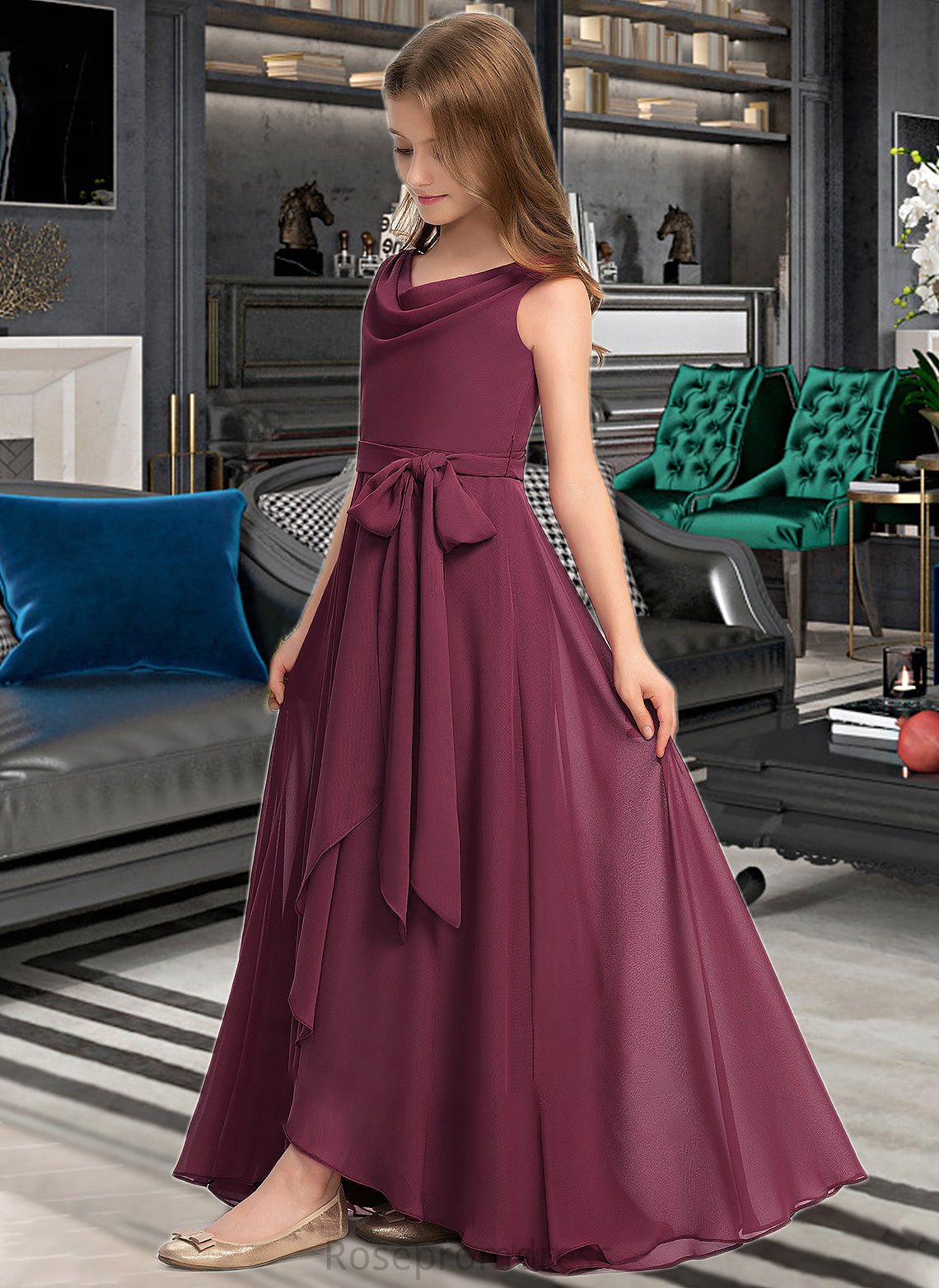 Sarahi A-Line Cowl Neck Asymmetrical Chiffon Junior Bridesmaid Dress With Bow(s) SRSP0013454