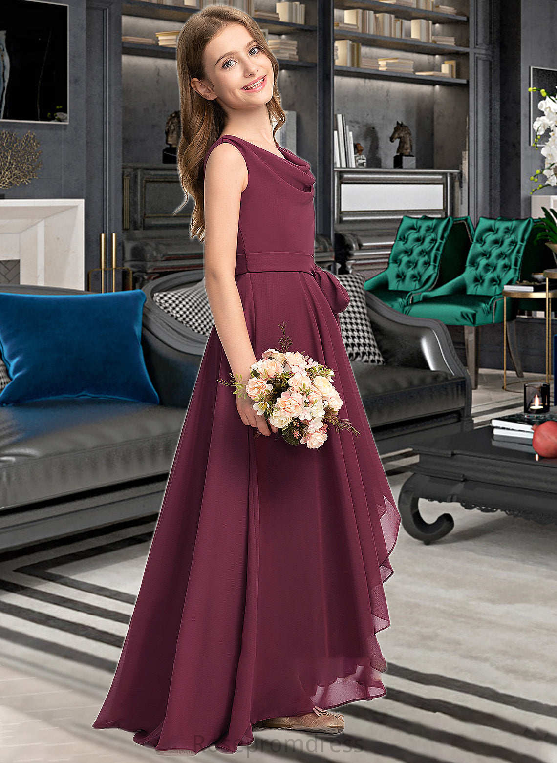 Sarahi A-Line Cowl Neck Asymmetrical Chiffon Junior Bridesmaid Dress With Bow(s) SRSP0013454