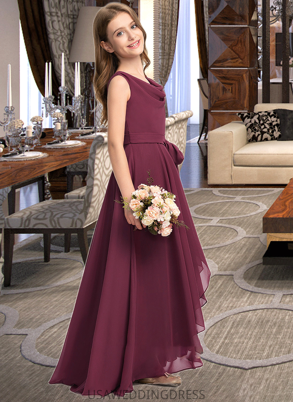 Annabel A-Line Cowl Neck Asymmetrical Chiffon Junior Bridesmaid Dress With Bow(s) DSP0013454