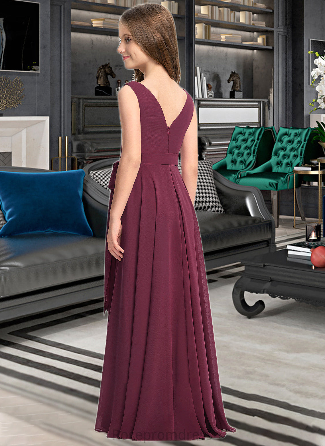 Sarahi A-Line Cowl Neck Asymmetrical Chiffon Junior Bridesmaid Dress With Bow(s) SRSP0013454