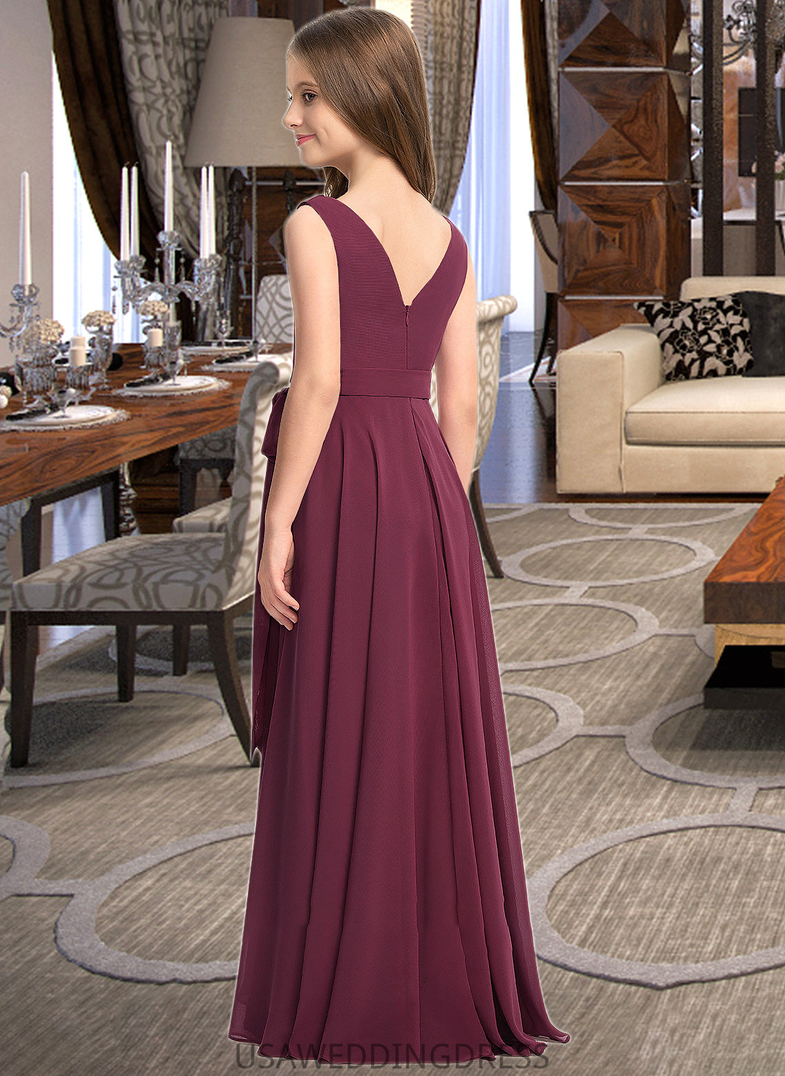 Annabel A-Line Cowl Neck Asymmetrical Chiffon Junior Bridesmaid Dress With Bow(s) DSP0013454