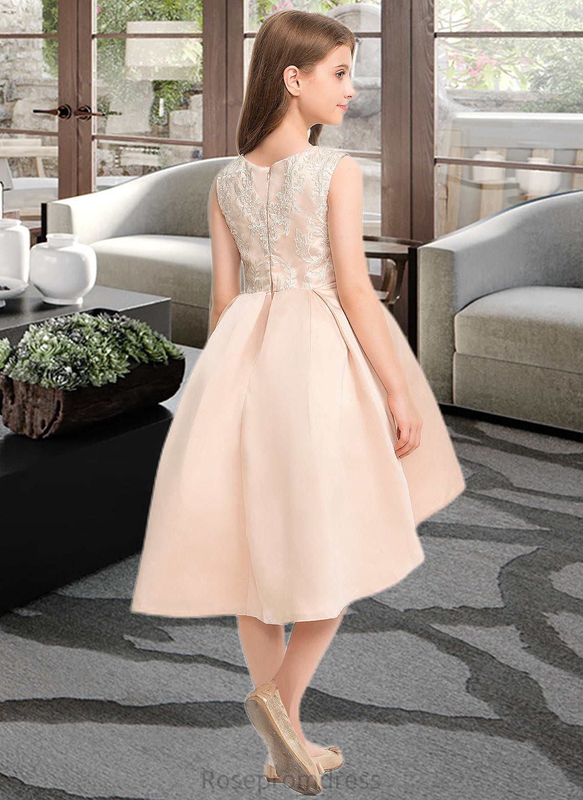 Destiny A-Line Scoop Neck Asymmetrical Satin Lace Junior Bridesmaid Dress With Beading Pockets SRSP0013455