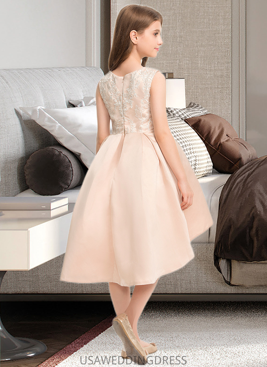 Jimena A-Line Scoop Neck Asymmetrical Satin Lace Junior Bridesmaid Dress With Beading Pockets DSP0013455