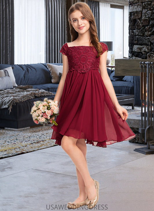 Macy A-Line Off-the-Shoulder Knee-Length Chiffon Lace Junior Bridesmaid Dress With Bow(s) DSP0013456