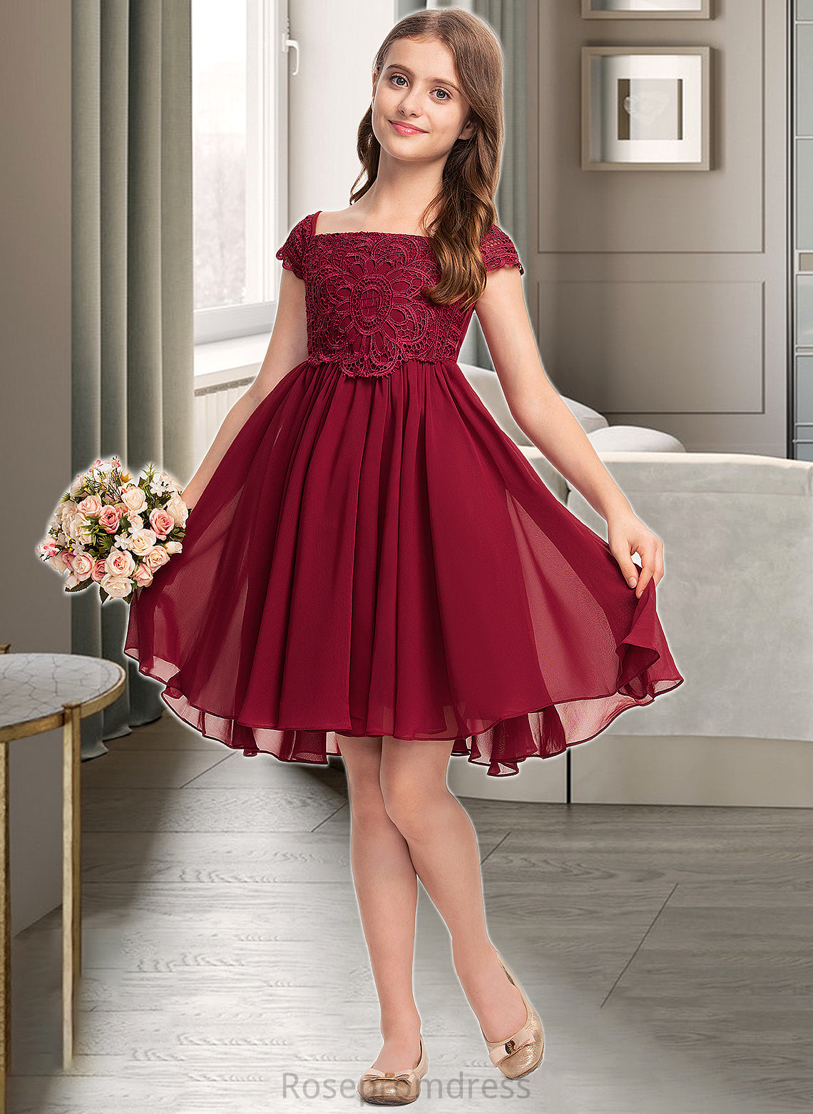 Natalee A-Line Off-the-Shoulder Knee-Length Chiffon Lace Junior Bridesmaid Dress With Bow(s) SRSP0013456