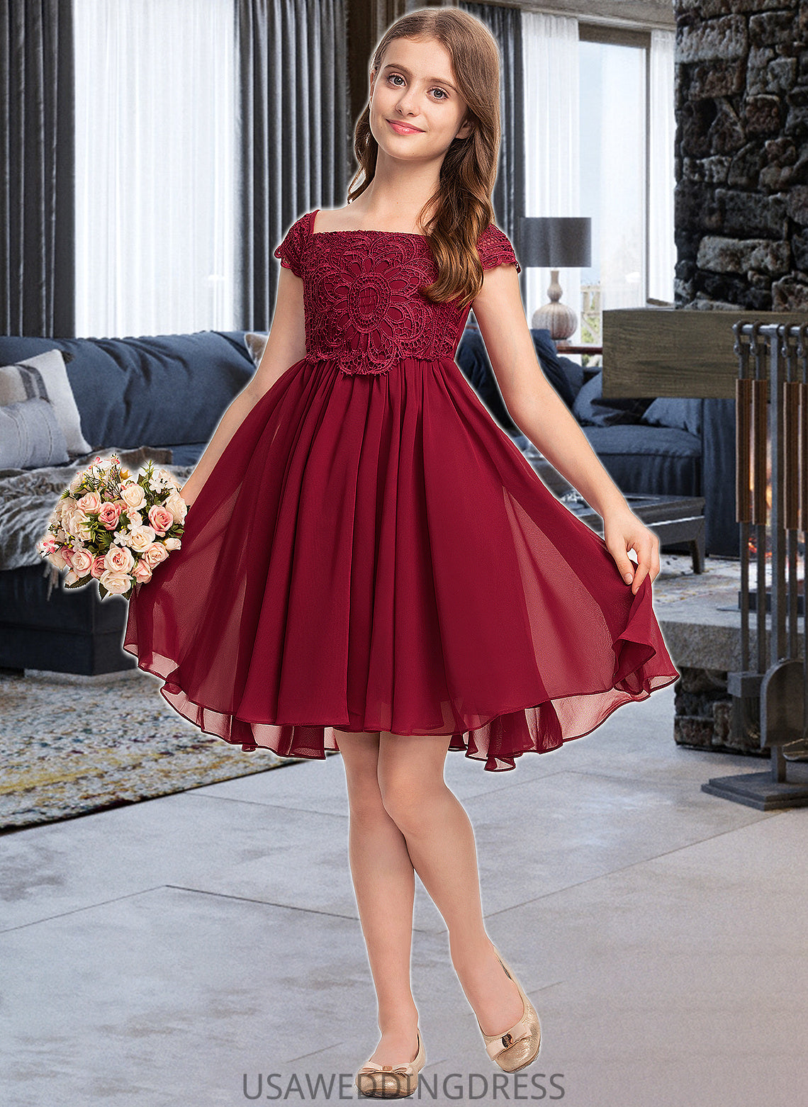 Macy A-Line Off-the-Shoulder Knee-Length Chiffon Lace Junior Bridesmaid Dress With Bow(s) DSP0013456