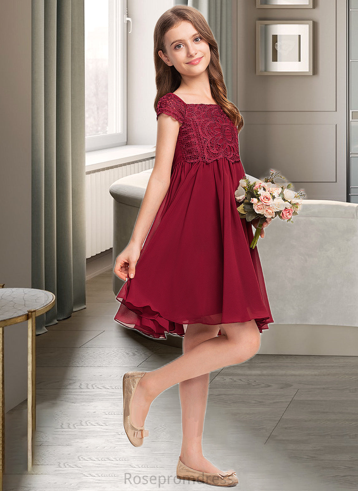 Natalee A-Line Off-the-Shoulder Knee-Length Chiffon Lace Junior Bridesmaid Dress With Bow(s) SRSP0013456