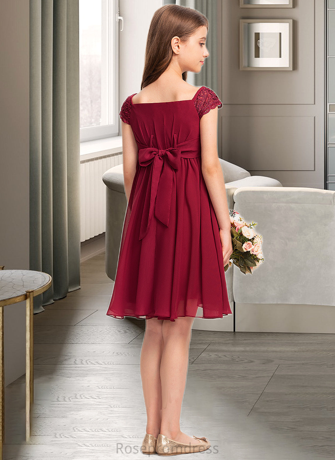 Natalee A-Line Off-the-Shoulder Knee-Length Chiffon Lace Junior Bridesmaid Dress With Bow(s) SRSP0013456