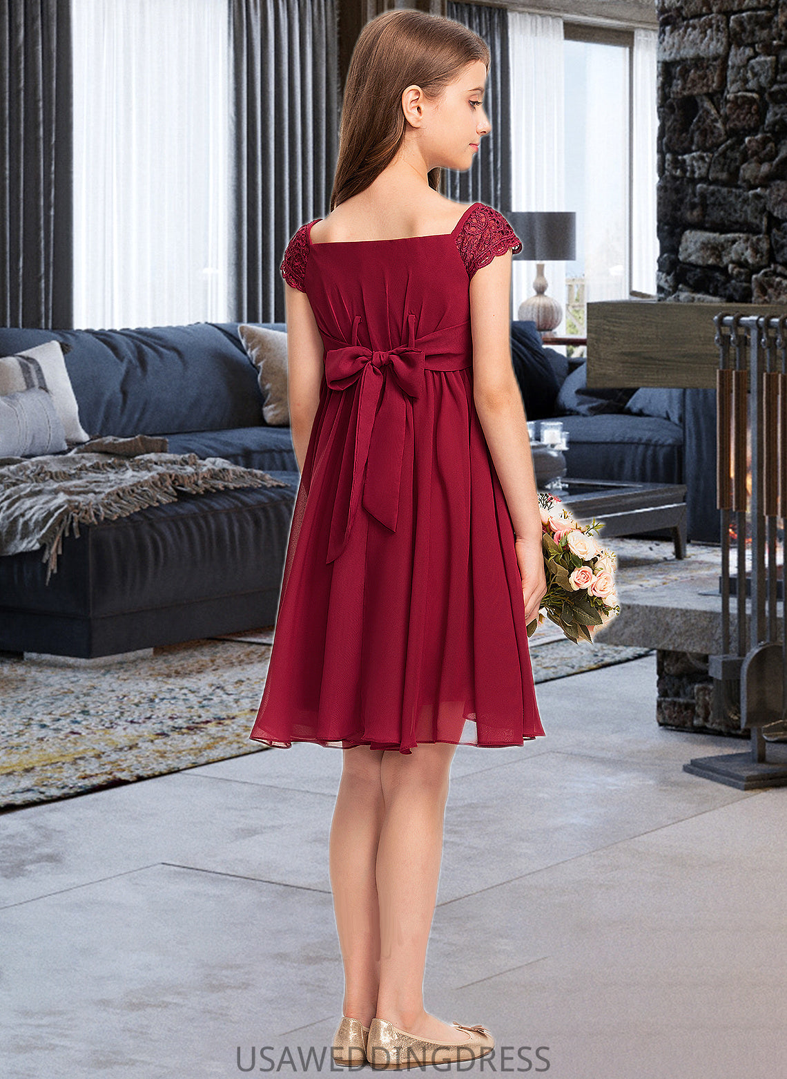 Macy A-Line Off-the-Shoulder Knee-Length Chiffon Lace Junior Bridesmaid Dress With Bow(s) DSP0013456