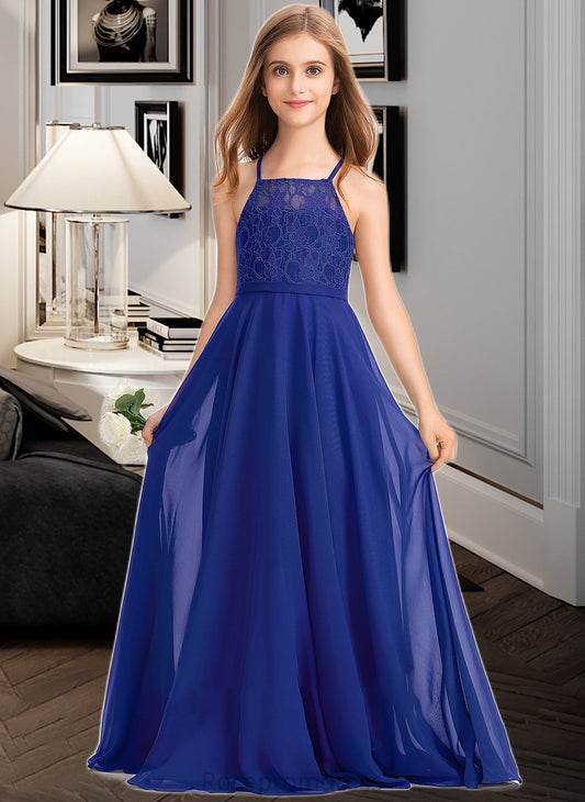 Riya A-Line Square Neckline Floor-Length Chiffon Lace Junior Bridesmaid Dress SRSP0013457