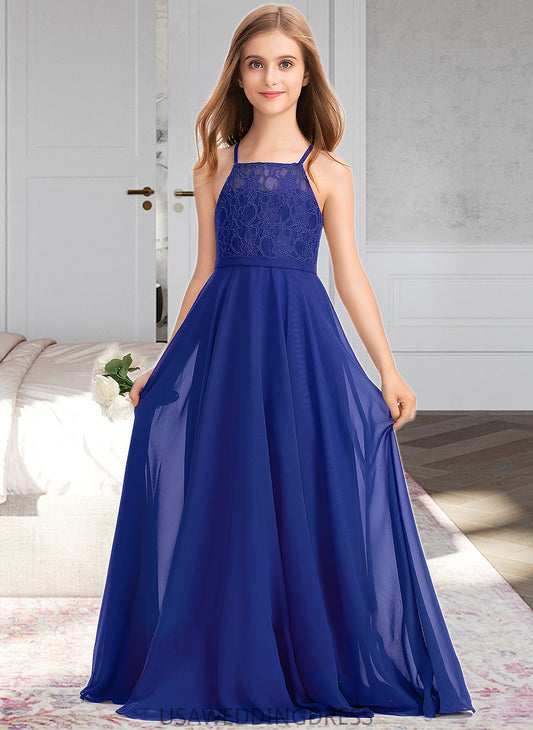 Delilah A-Line Square Neckline Floor-Length Chiffon Lace Junior Bridesmaid Dress DSP0013457