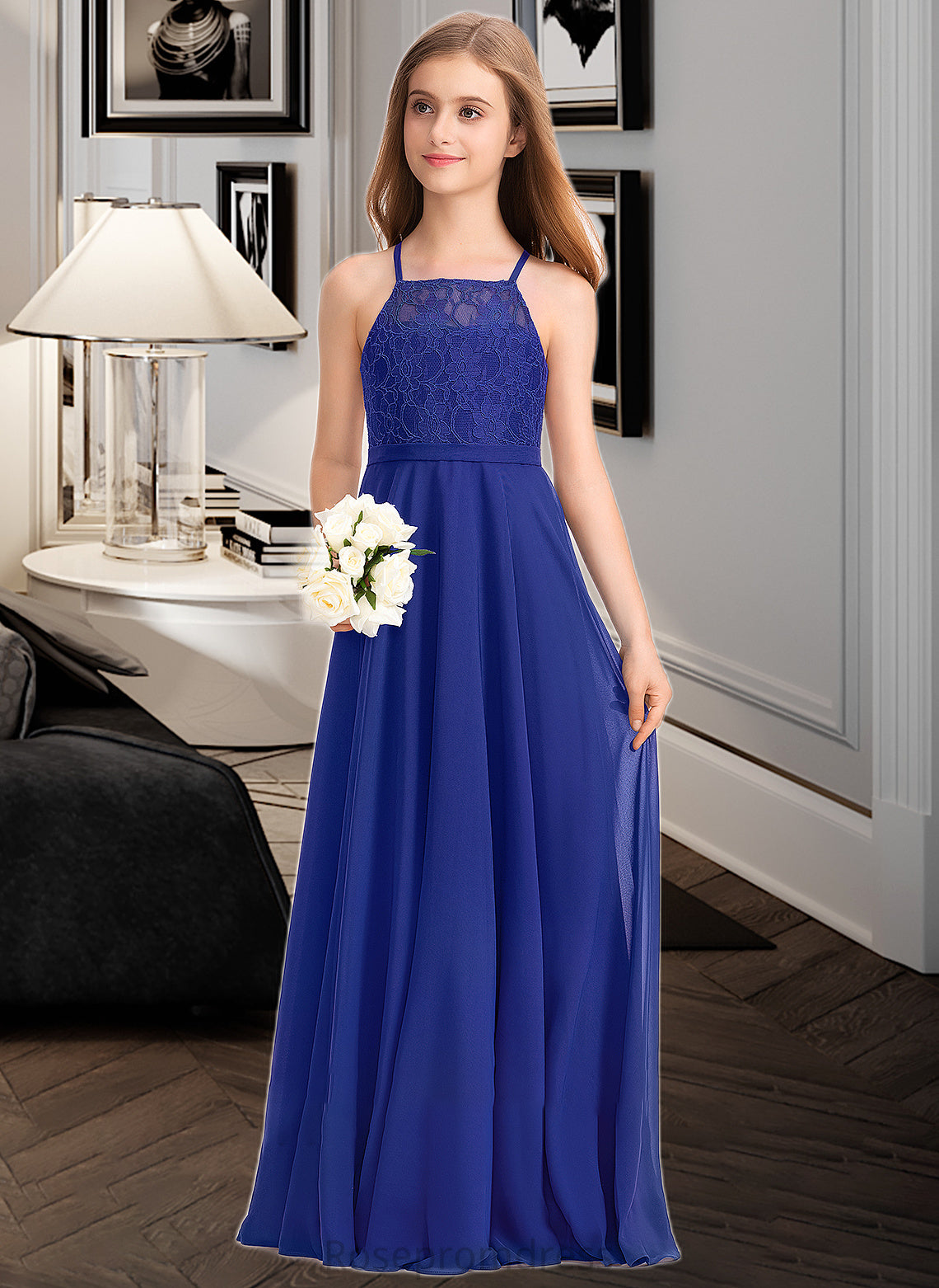 Riya A-Line Square Neckline Floor-Length Chiffon Lace Junior Bridesmaid Dress SRSP0013457