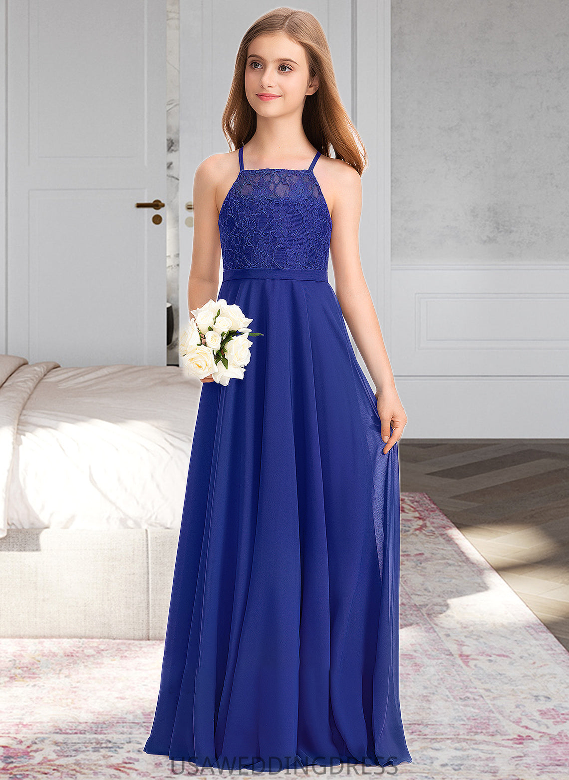 Delilah A-Line Square Neckline Floor-Length Chiffon Lace Junior Bridesmaid Dress DSP0013457