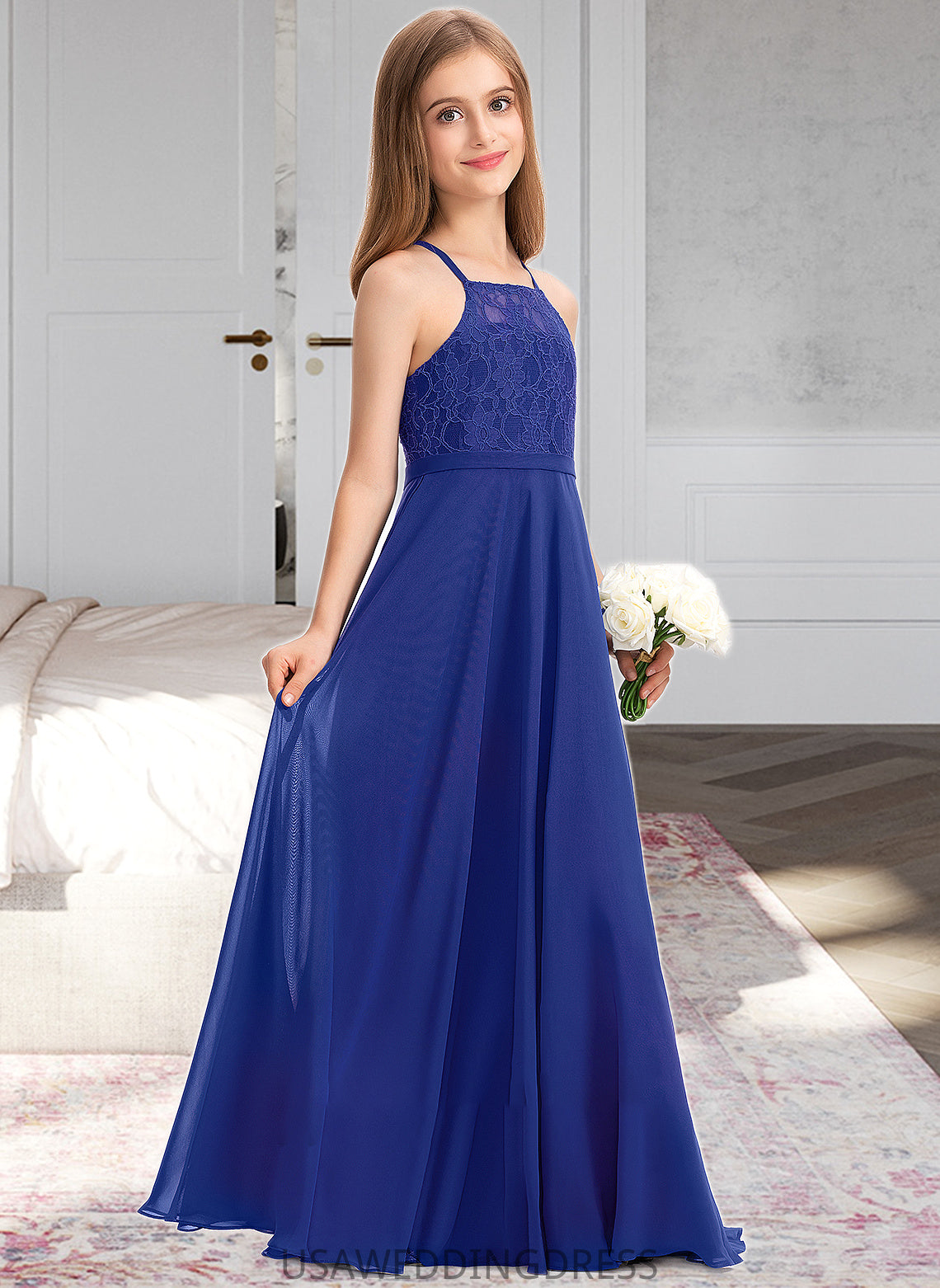 Delilah A-Line Square Neckline Floor-Length Chiffon Lace Junior Bridesmaid Dress DSP0013457