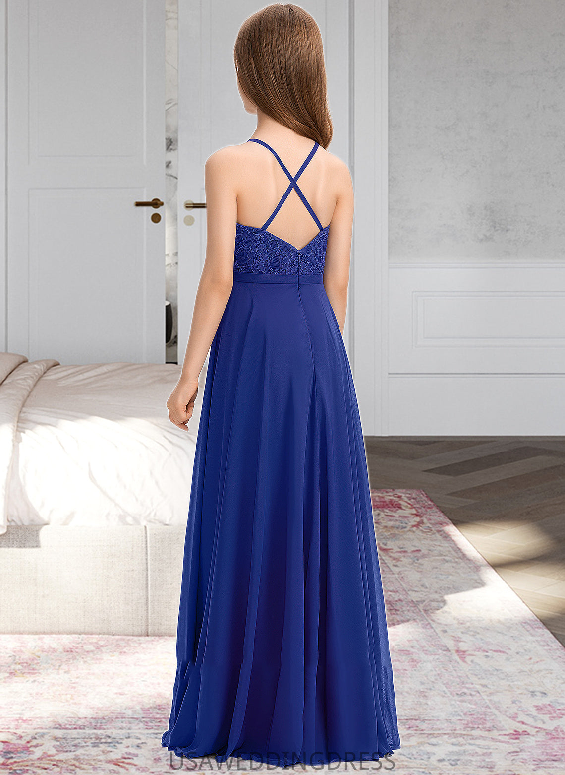 Delilah A-Line Square Neckline Floor-Length Chiffon Lace Junior Bridesmaid Dress DSP0013457