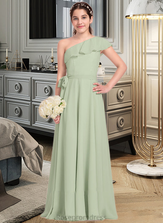 Trudie A-Line One-Shoulder Floor-Length Chiffon Junior Bridesmaid Dress With Cascading Ruffles SRSP0013458