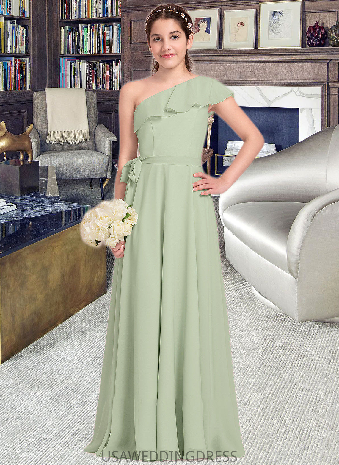 Samantha A-Line One-Shoulder Floor-Length Chiffon Junior Bridesmaid Dress With Cascading Ruffles DSP0013458