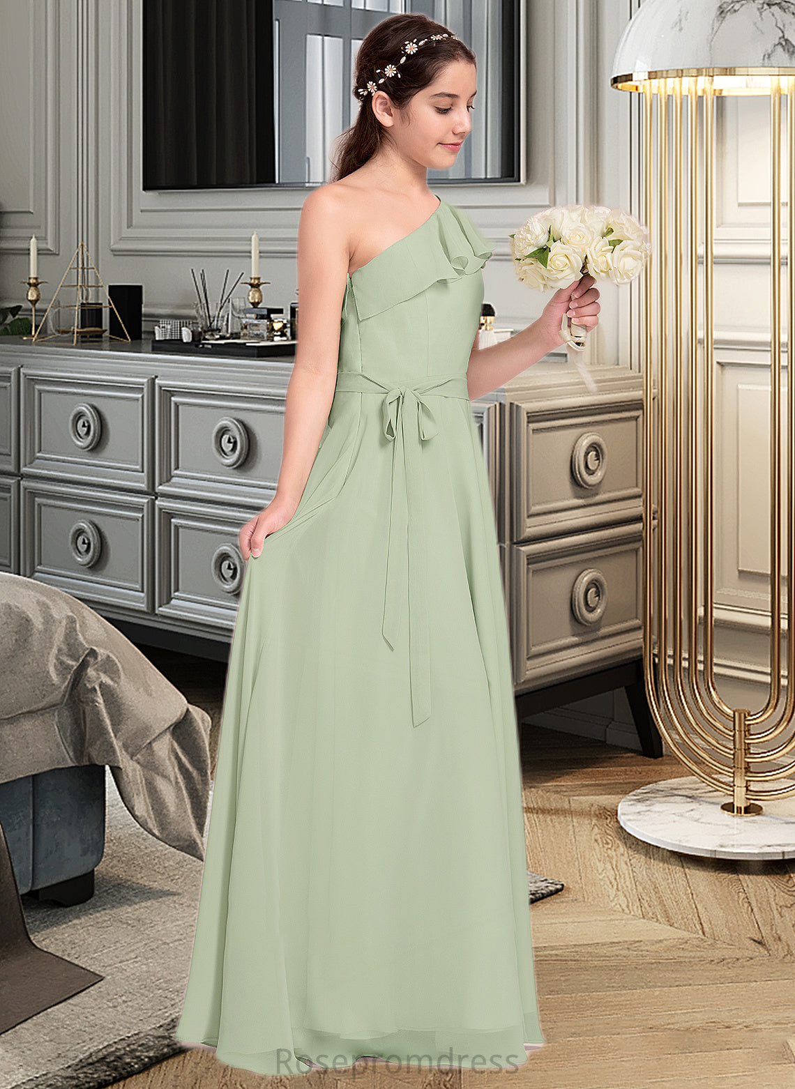 Trudie A-Line One-Shoulder Floor-Length Chiffon Junior Bridesmaid Dress With Cascading Ruffles SRSP0013458