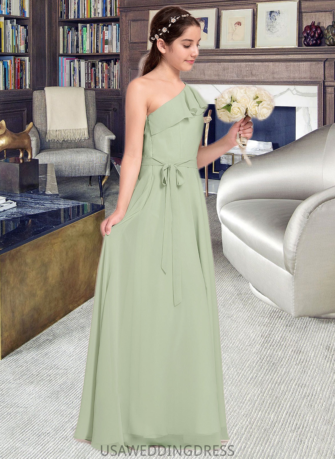 Samantha A-Line One-Shoulder Floor-Length Chiffon Junior Bridesmaid Dress With Cascading Ruffles DSP0013458