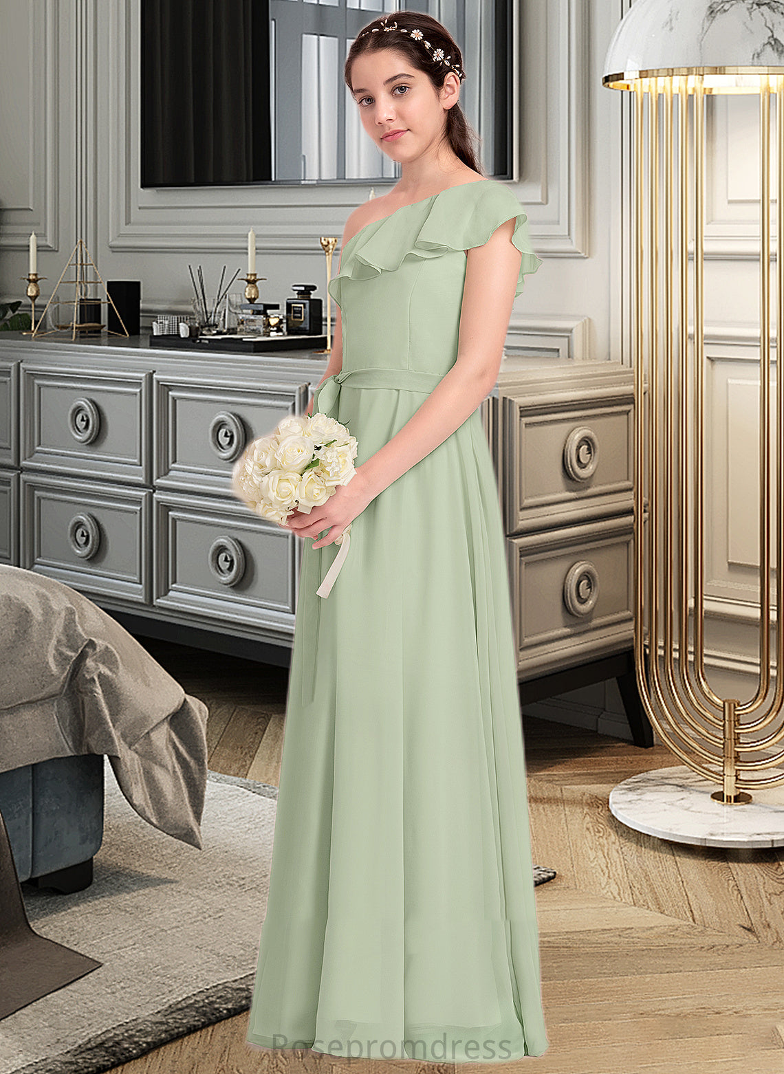 Trudie A-Line One-Shoulder Floor-Length Chiffon Junior Bridesmaid Dress With Cascading Ruffles SRSP0013458