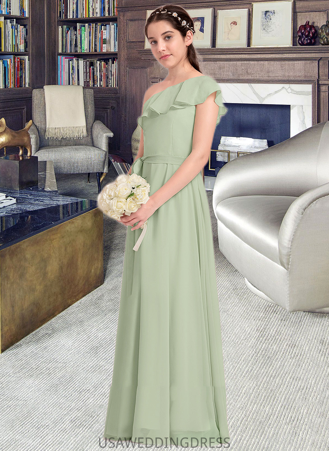 Samantha A-Line One-Shoulder Floor-Length Chiffon Junior Bridesmaid Dress With Cascading Ruffles DSP0013458