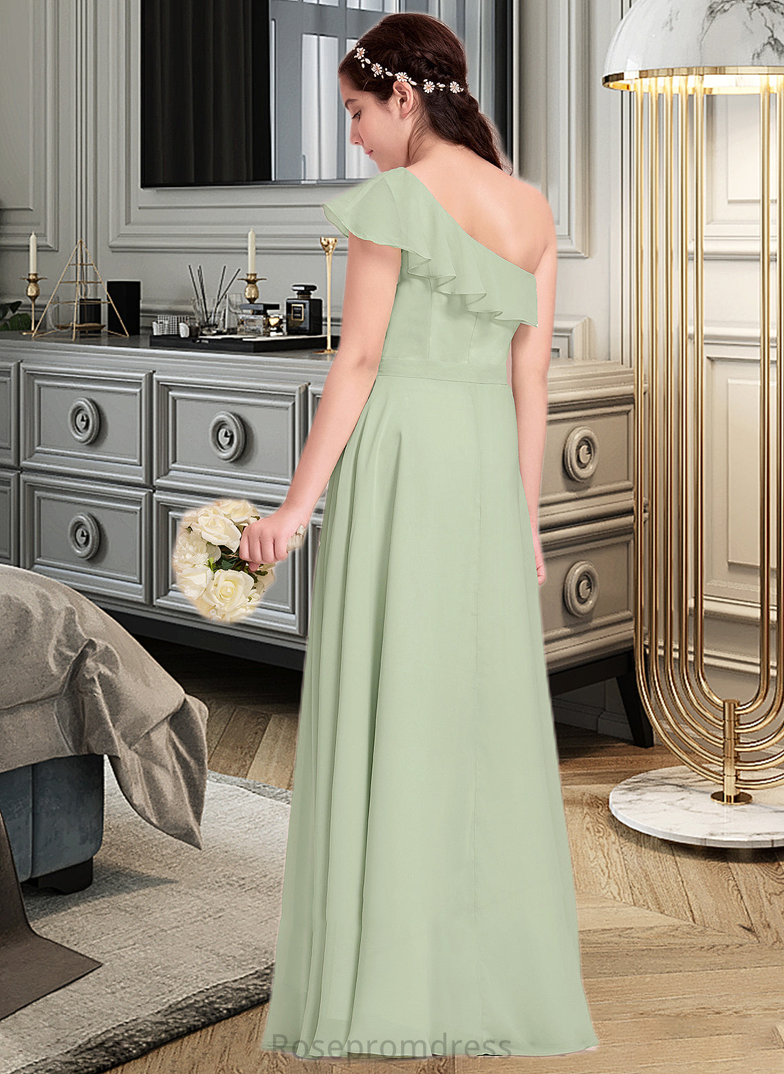 Trudie A-Line One-Shoulder Floor-Length Chiffon Junior Bridesmaid Dress With Cascading Ruffles SRSP0013458