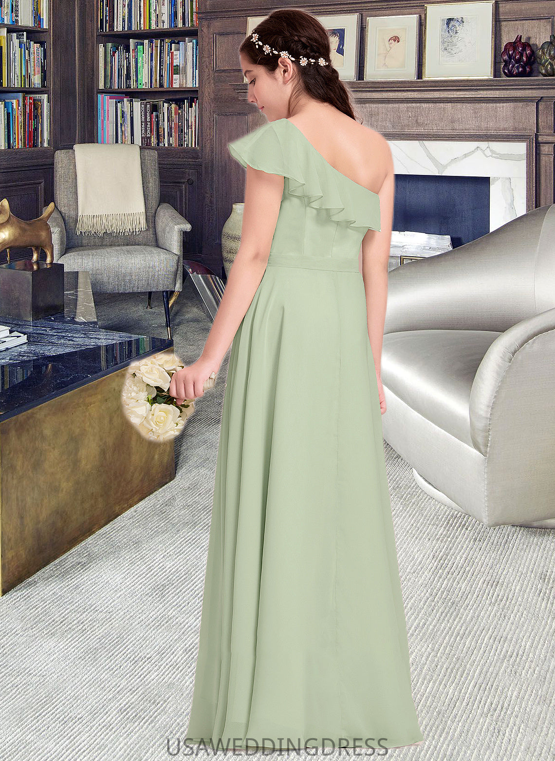 Samantha A-Line One-Shoulder Floor-Length Chiffon Junior Bridesmaid Dress With Cascading Ruffles DSP0013458