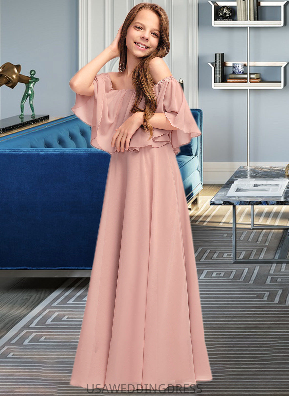 Alexus A-Line Off-the-Shoulder Floor-Length Chiffon Junior Bridesmaid Dress With Ruffle DSP0013459