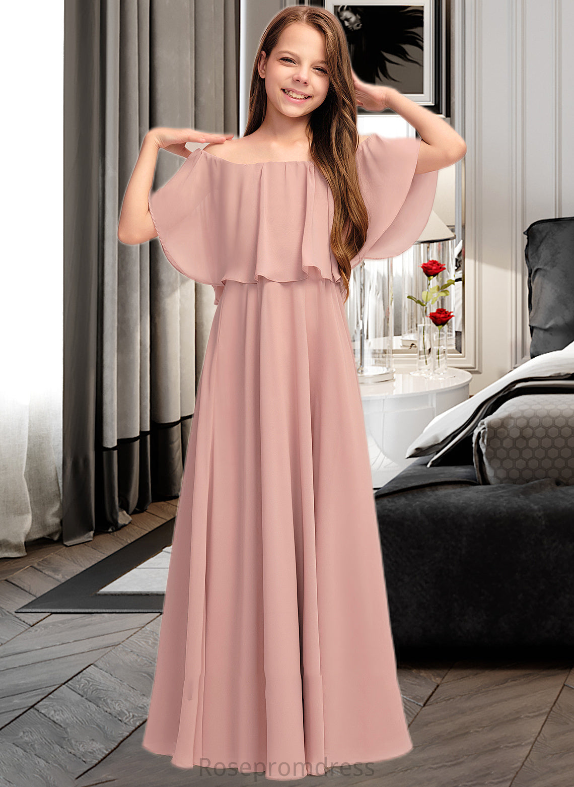 Aspen A-Line Off-the-Shoulder Floor-Length Chiffon Junior Bridesmaid Dress With Ruffle SRSP0013459