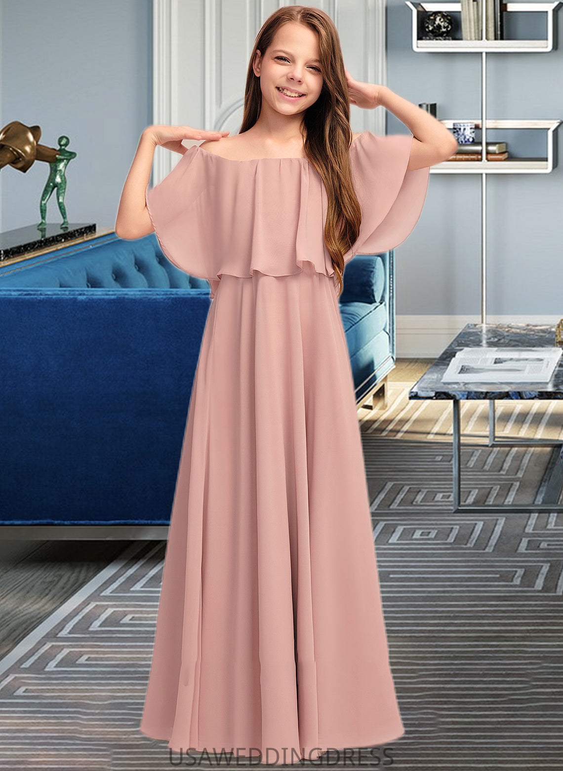 Alexus A-Line Off-the-Shoulder Floor-Length Chiffon Junior Bridesmaid Dress With Ruffle DSP0013459