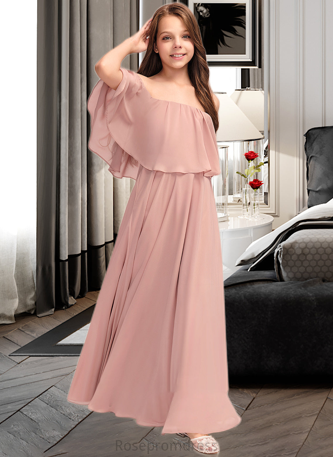 Aspen A-Line Off-the-Shoulder Floor-Length Chiffon Junior Bridesmaid Dress With Ruffle SRSP0013459