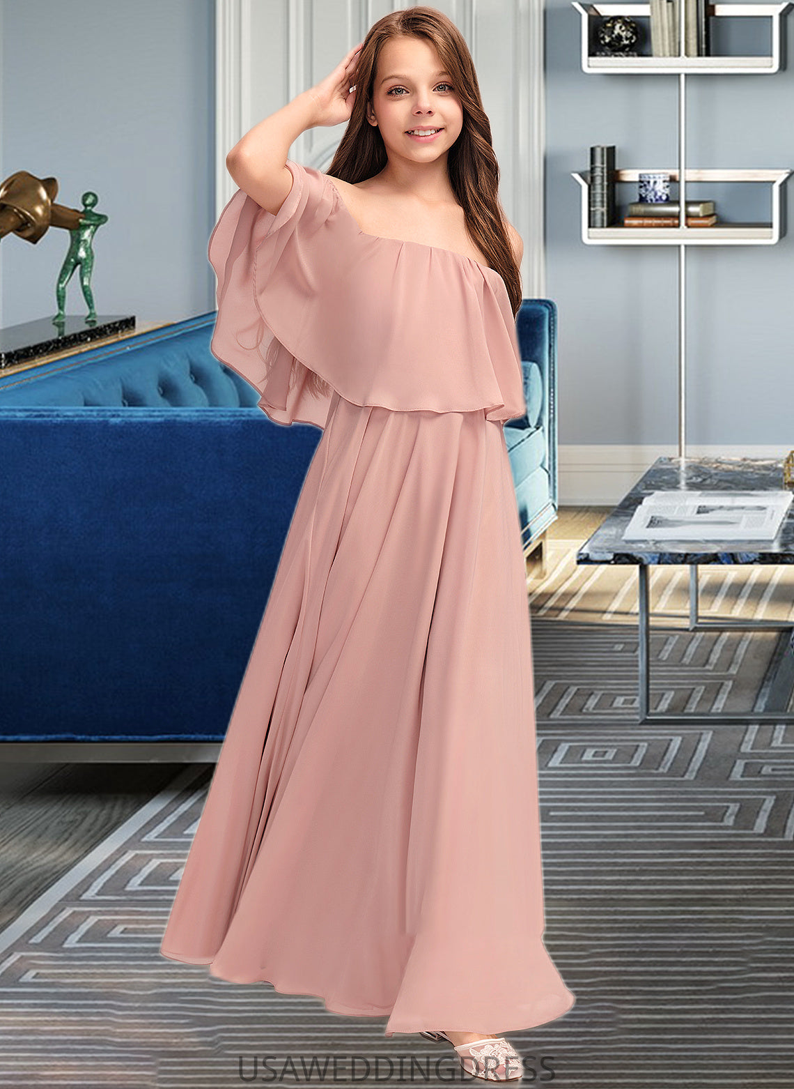 Alexus A-Line Off-the-Shoulder Floor-Length Chiffon Junior Bridesmaid Dress With Ruffle DSP0013459