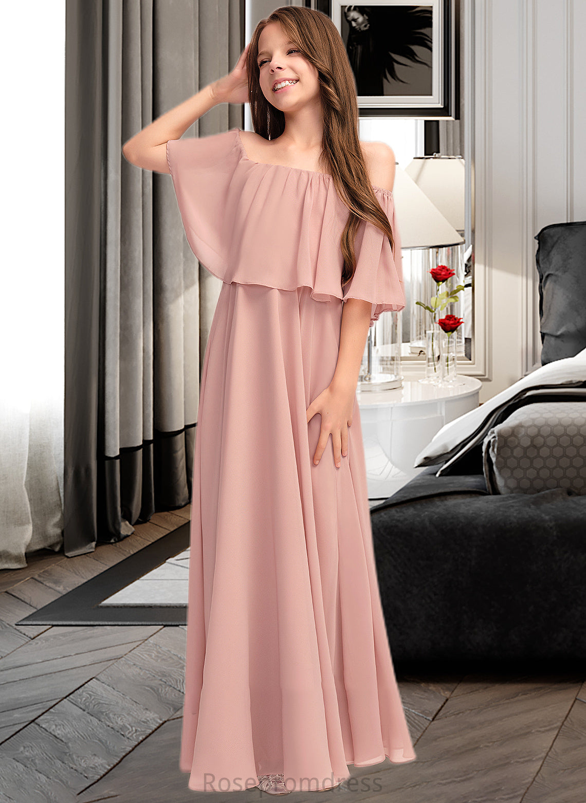 Aspen A-Line Off-the-Shoulder Floor-Length Chiffon Junior Bridesmaid Dress With Ruffle SRSP0013459