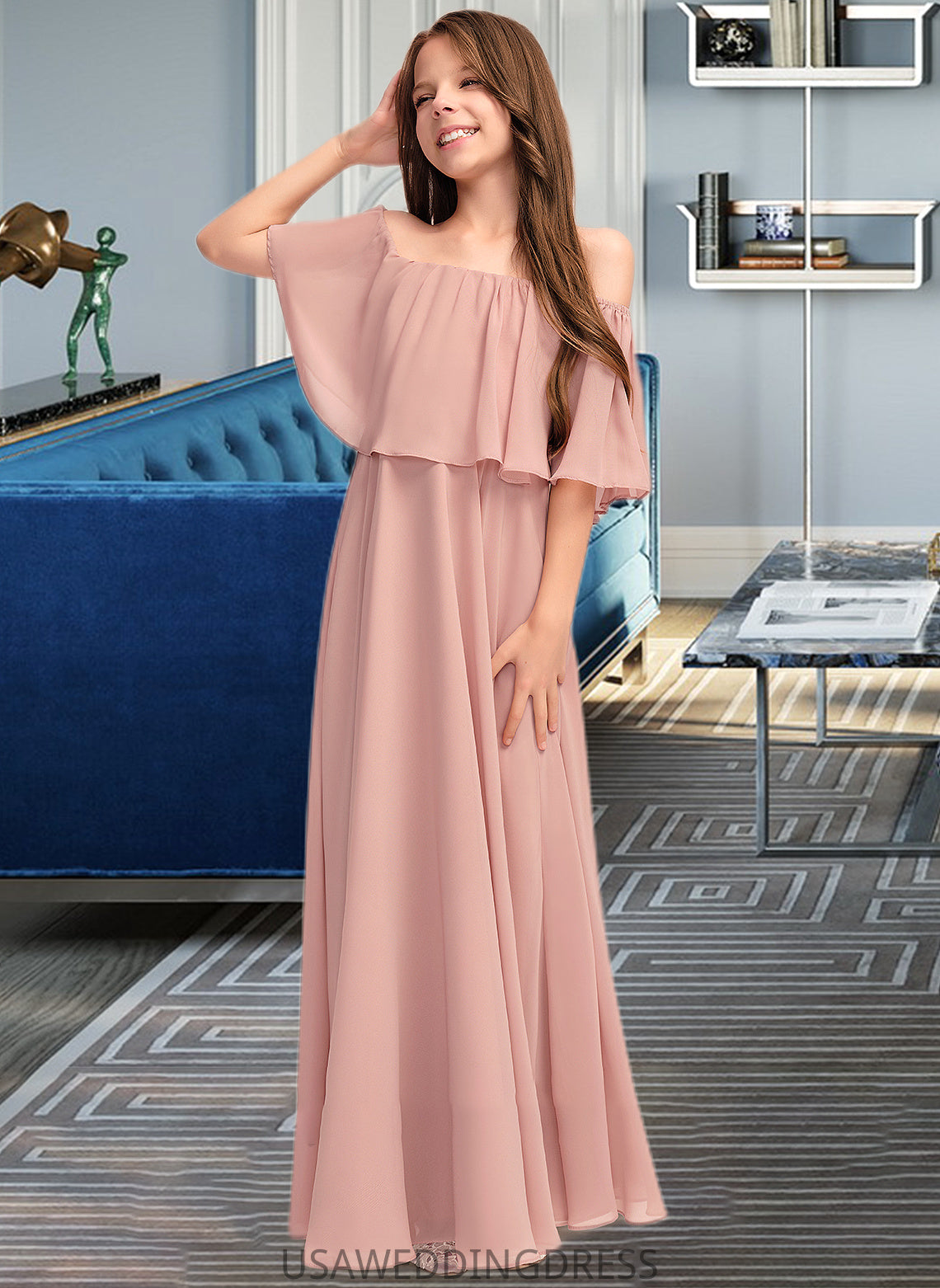 Alexus A-Line Off-the-Shoulder Floor-Length Chiffon Junior Bridesmaid Dress With Ruffle DSP0013459