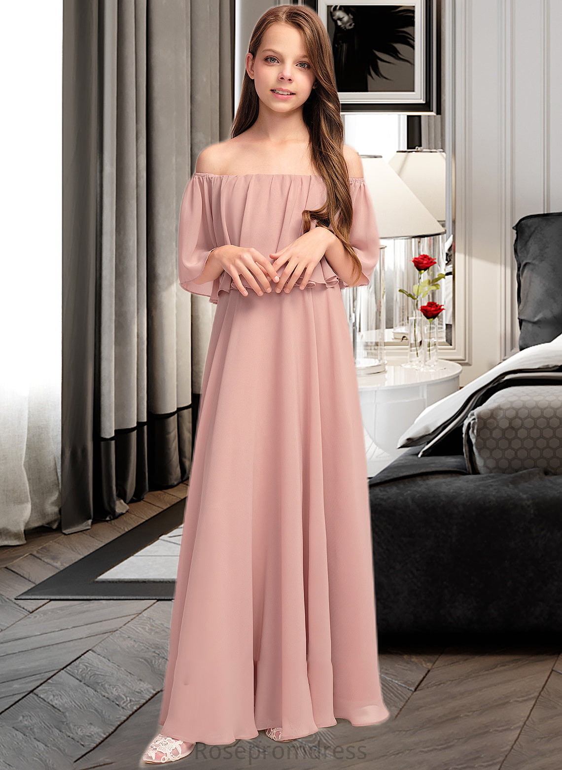 Aspen A-Line Off-the-Shoulder Floor-Length Chiffon Junior Bridesmaid Dress With Ruffle SRSP0013459