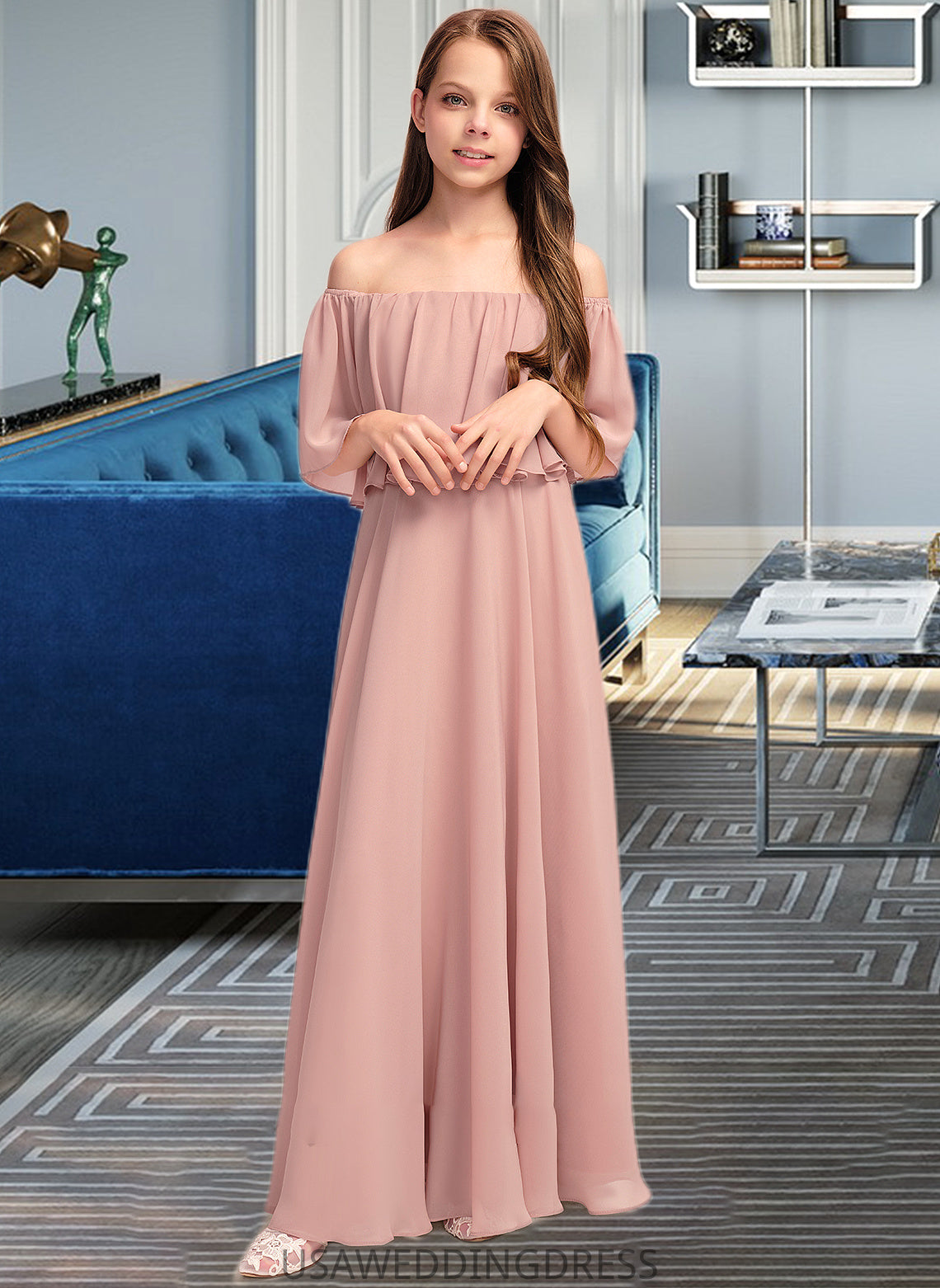 Alexus A-Line Off-the-Shoulder Floor-Length Chiffon Junior Bridesmaid Dress With Ruffle DSP0013459