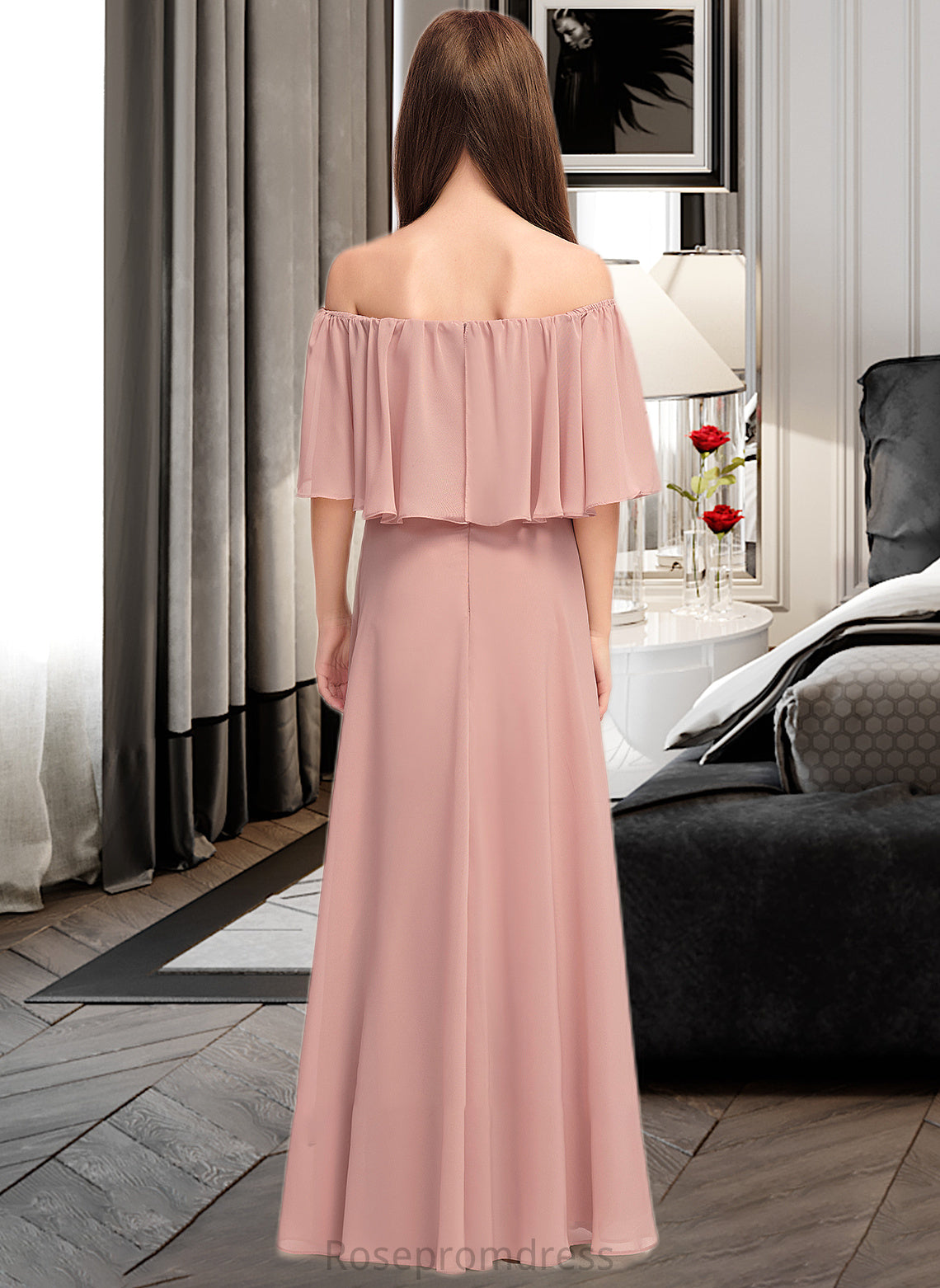 Aspen A-Line Off-the-Shoulder Floor-Length Chiffon Junior Bridesmaid Dress With Ruffle SRSP0013459