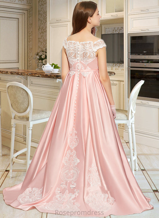 Morgan Ball-Gown/Princess Off-the-Shoulder Sweep Train Satin Lace Junior Bridesmaid Dress SRSP0013460