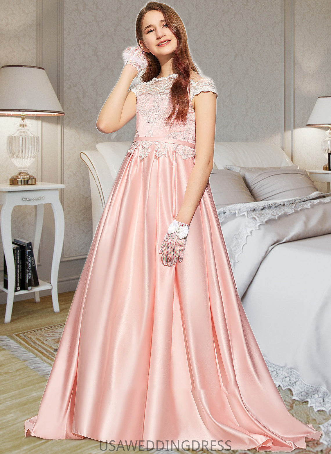 Ainsley Ball-Gown/Princess Off-the-Shoulder Sweep Train Satin Lace Junior Bridesmaid Dress DSP0013460