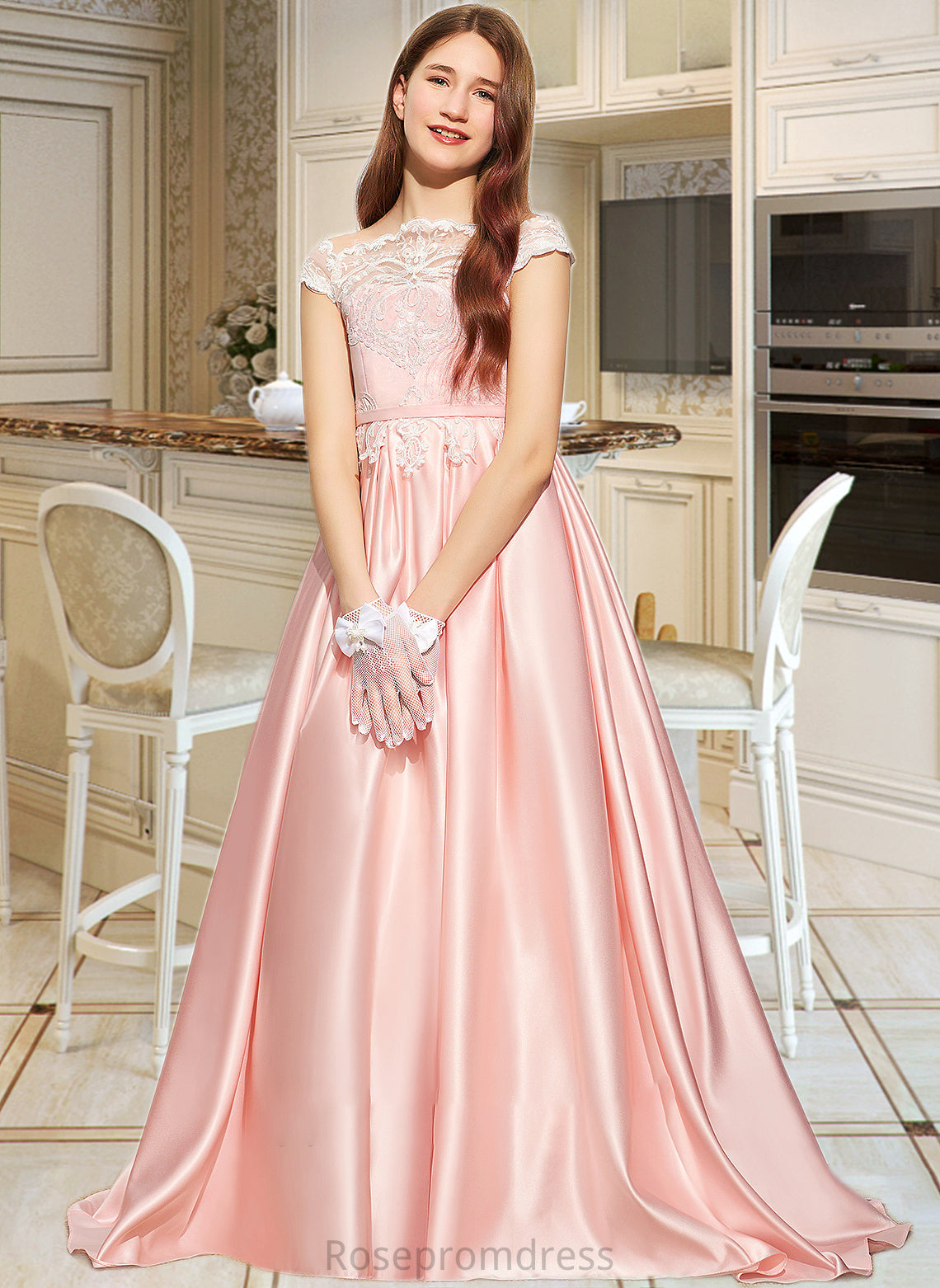 Morgan Ball-Gown/Princess Off-the-Shoulder Sweep Train Satin Lace Junior Bridesmaid Dress SRSP0013460