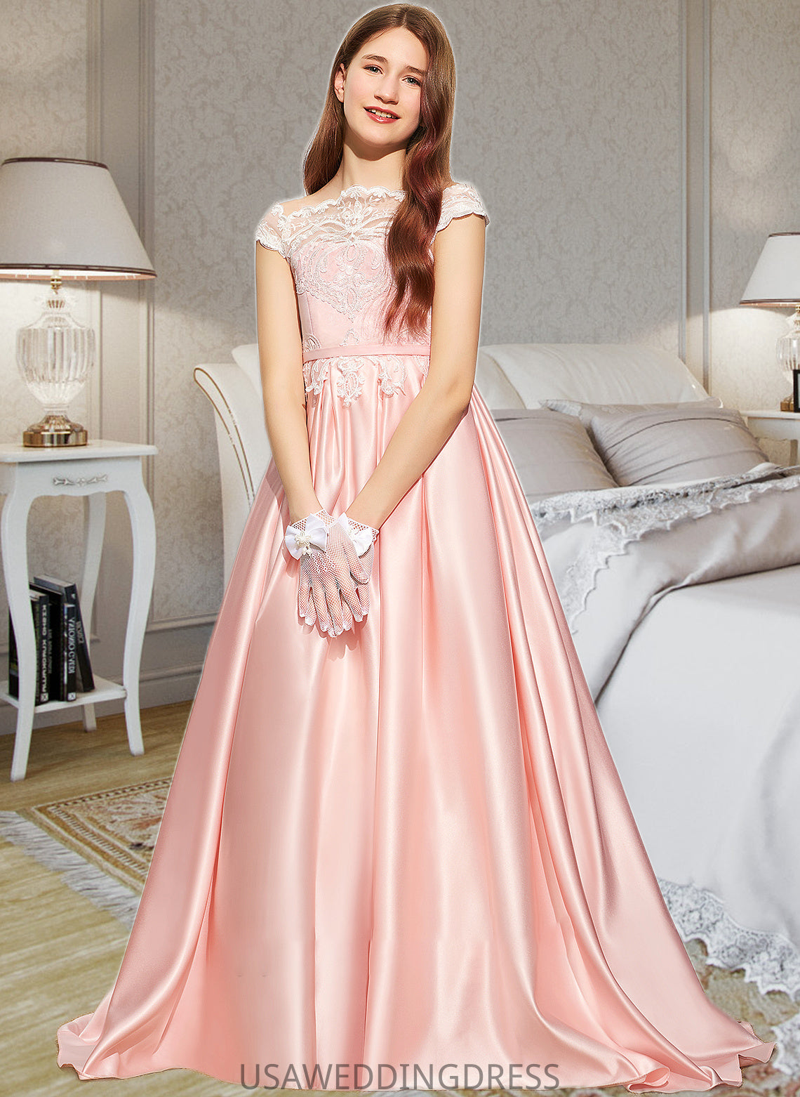 Ainsley Ball-Gown/Princess Off-the-Shoulder Sweep Train Satin Lace Junior Bridesmaid Dress DSP0013460