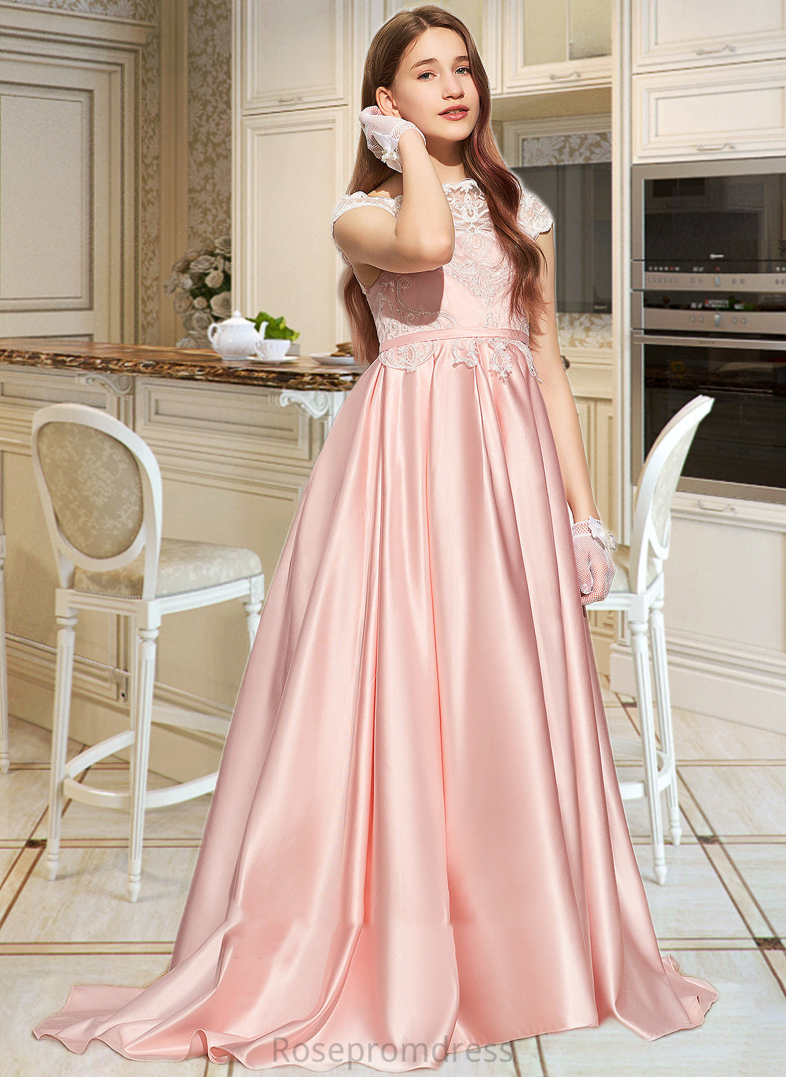 Morgan Ball-Gown/Princess Off-the-Shoulder Sweep Train Satin Lace Junior Bridesmaid Dress SRSP0013460