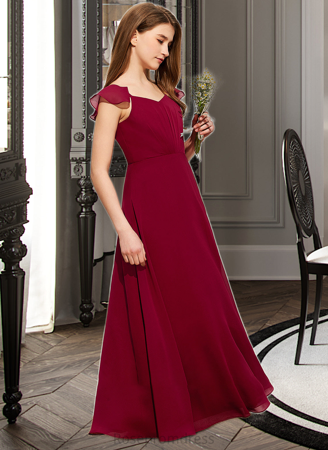 Alana A-Line V-neck Floor-Length Chiffon Junior Bridesmaid Dress With Ruffle SRSP0013461