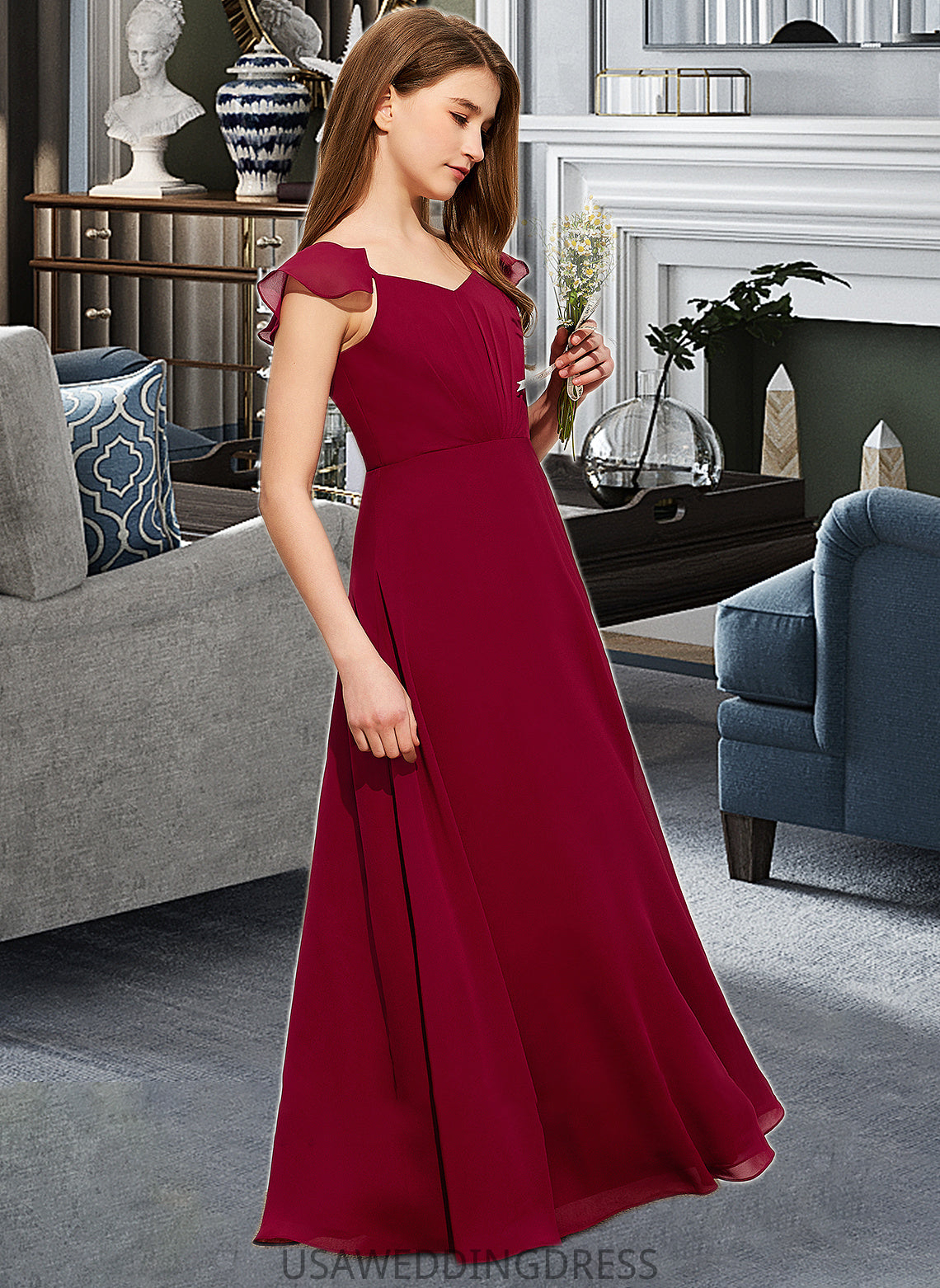 Madilynn A-Line V-neck Floor-Length Chiffon Junior Bridesmaid Dress With Ruffle DSP0013461