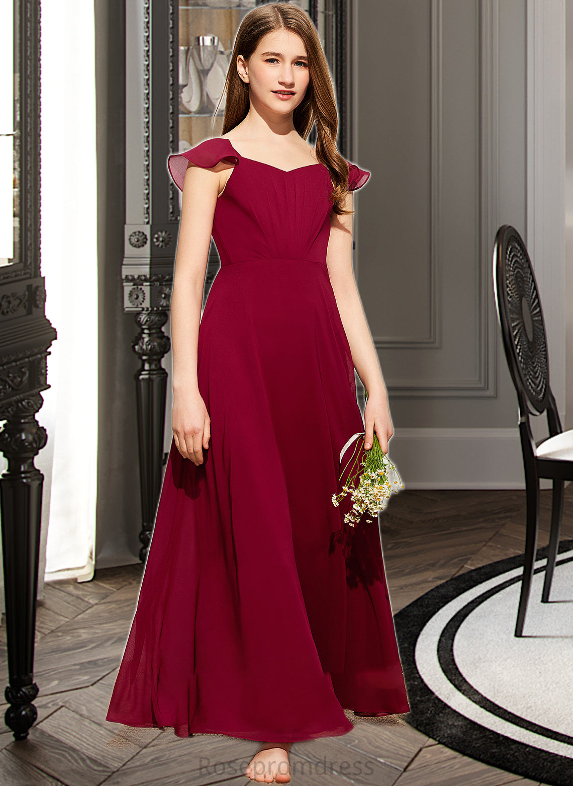 Alana A-Line V-neck Floor-Length Chiffon Junior Bridesmaid Dress With Ruffle SRSP0013461