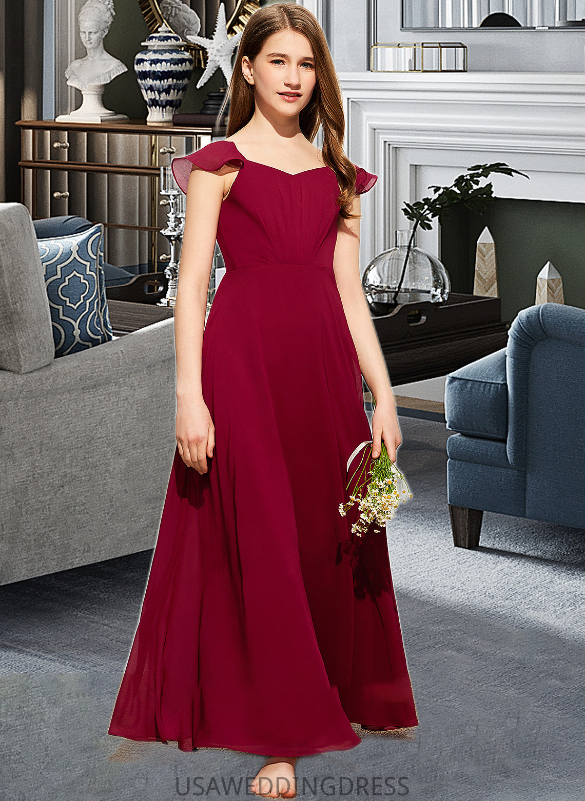 Madilynn A-Line V-neck Floor-Length Chiffon Junior Bridesmaid Dress With Ruffle DSP0013461